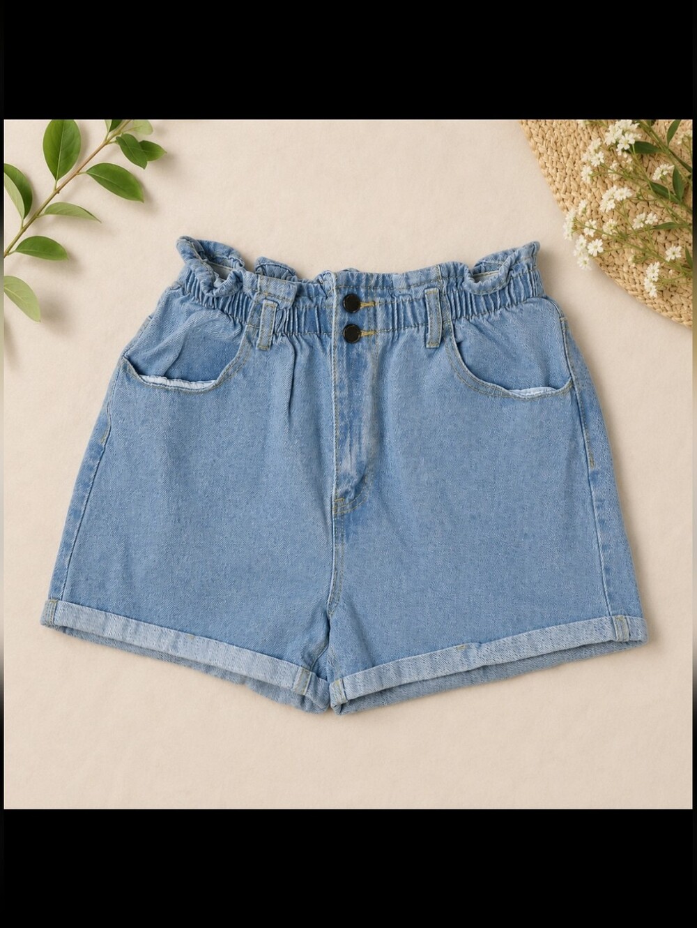 Paperbag Elastic High Waist Light Blue Denim Shorts 100% Cotton Large